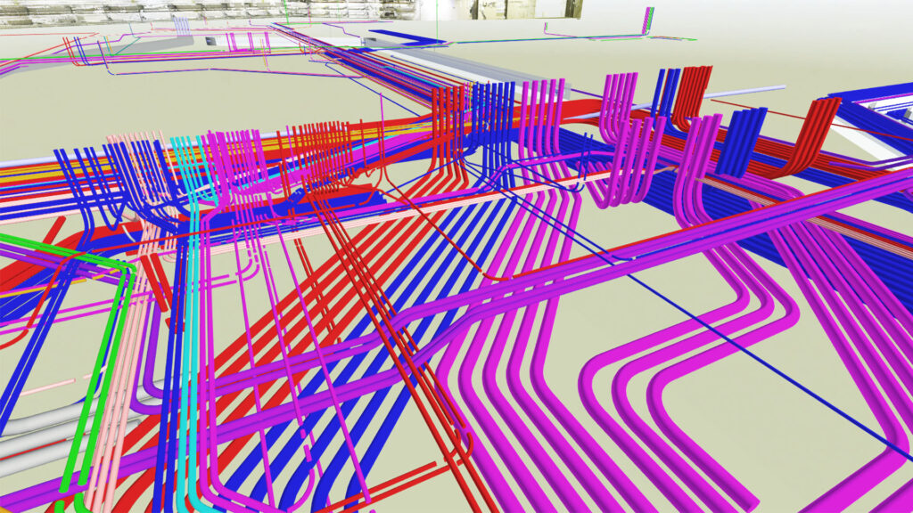 BIM rendering showing electrical conduit design layout in 3D.