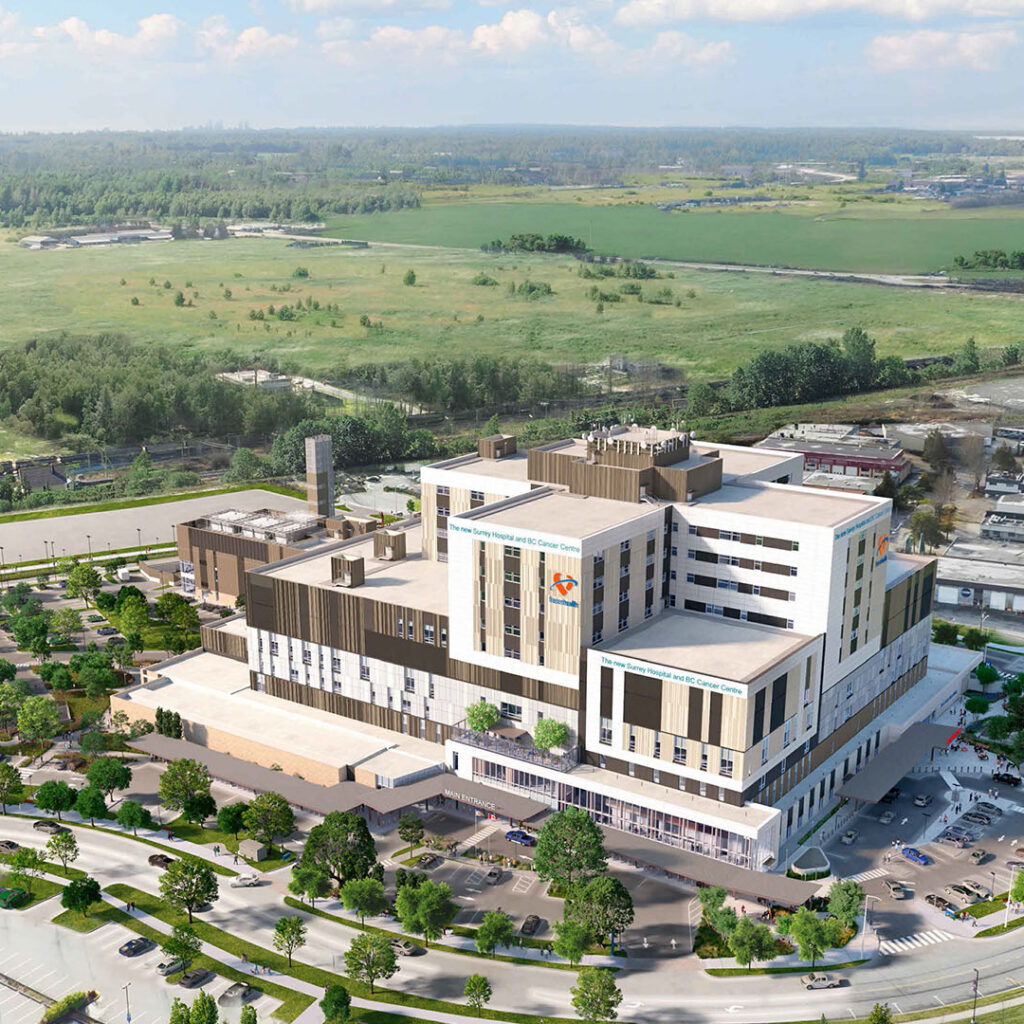 The new Surrey hospital and BC Cancer Centre Rendering - Aerial